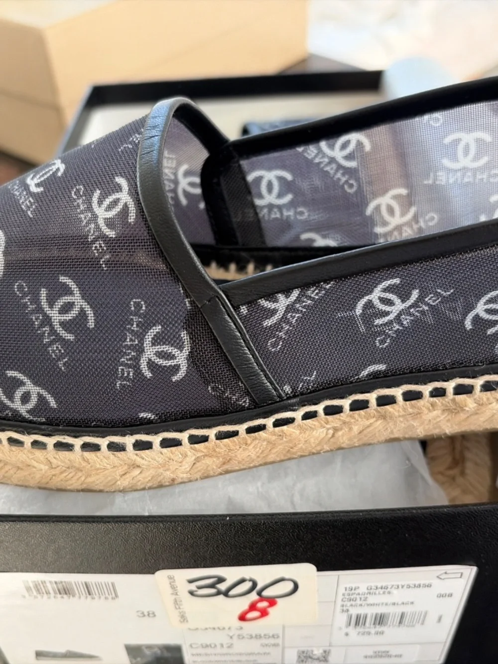 Chanel CC Logo Mesh Espadrilles Black White Size 38 G34673 Box Receipt